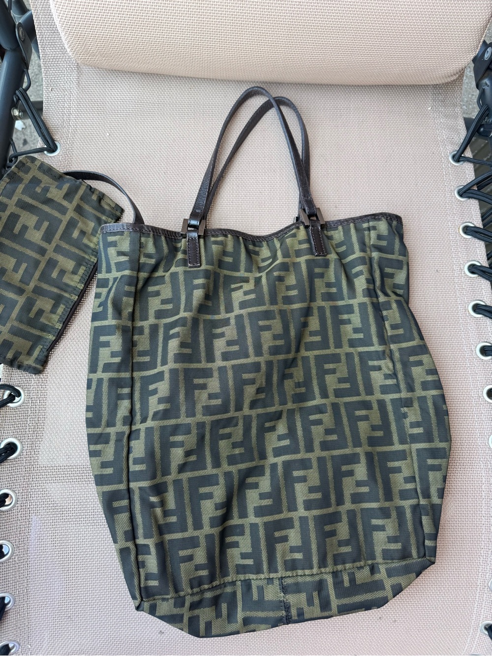 Fendi Olive & Black FF Logo Canvas Tote with Leather Handles